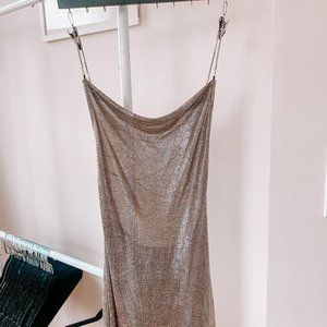 Crisscross Back Cowl Neck Metallic Cami Mini Dress